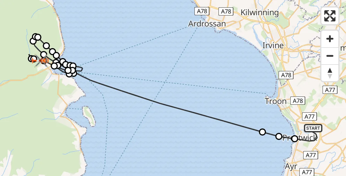 Flight route Coastguard Helicopter Glasgow Prestwick Airport - Brodick, 15 June 2026, 14:45