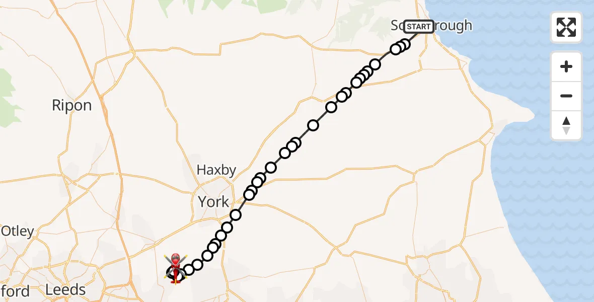 Flight route Air Ambulance Helicopter Scarborough - Leeds East Airport, 15 June 2026, 14:44