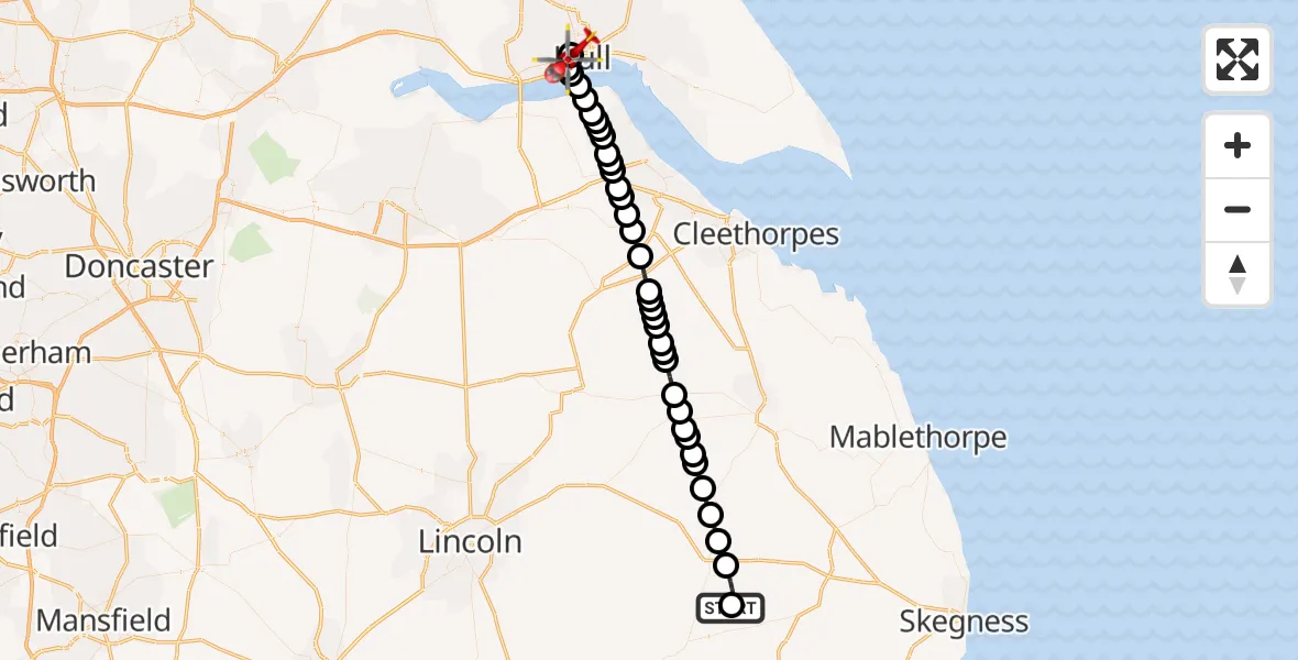 Flight route Air Ambulance Helicopter Wood Enderby - Hull Royal Infirmary, 15 June 2026, 14:56