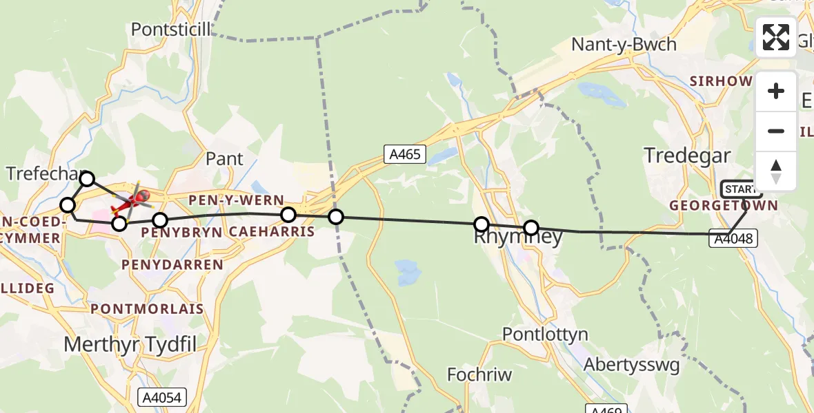 Flight route Air Ambulance Helicopter Tredegar - Merthyr Tydfil, 15 June 2026, 14:59