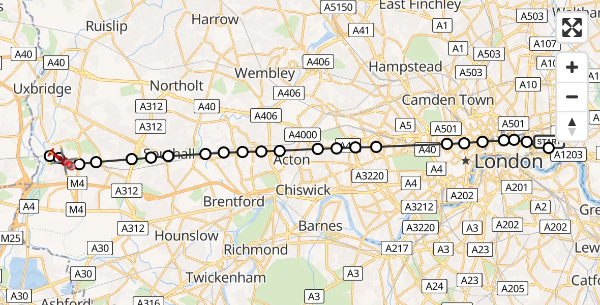 Flight route Air Ambulance Helicopter Royal London Hospital - West Drayton, 15 June 2026, 15:01