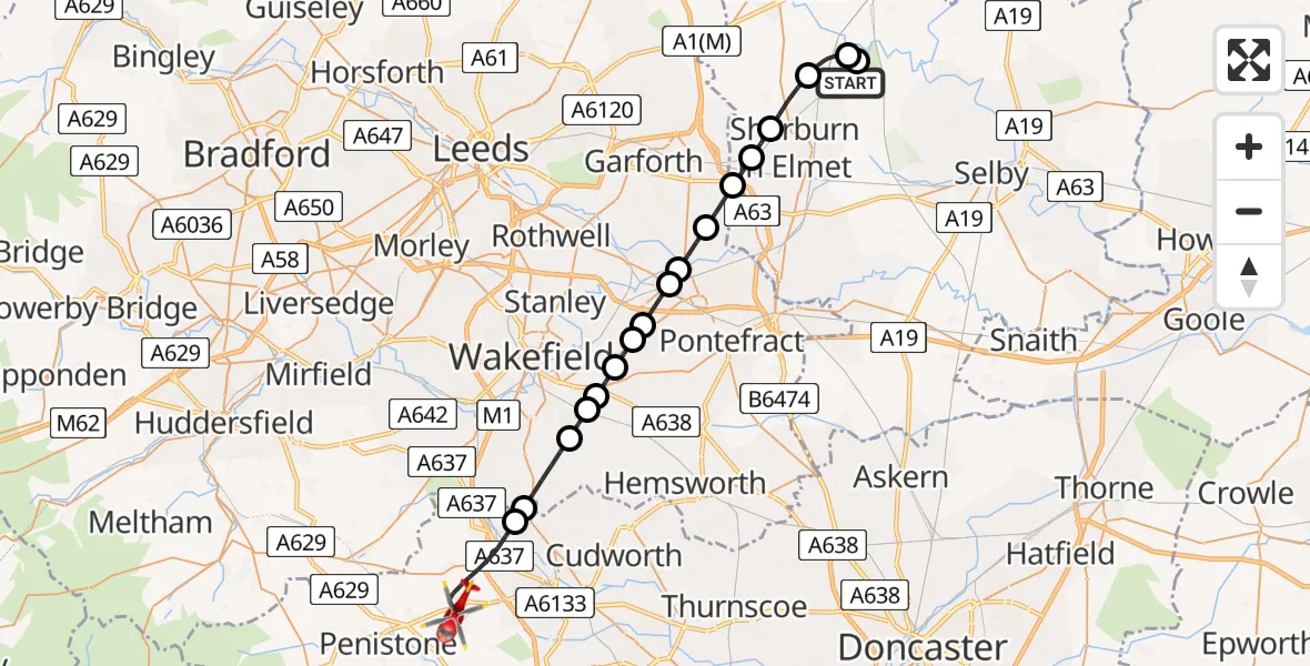 Flight route Air Ambulance Helicopter Leeds East Airport - Barnsley, 15 June 2026, 15:08