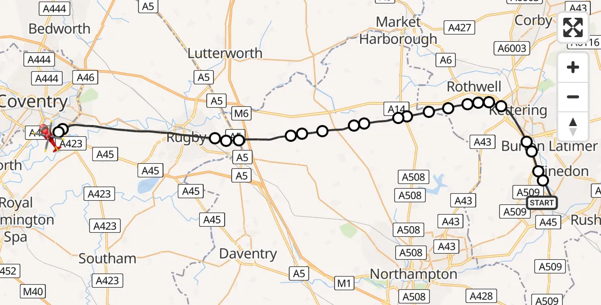 Flight route Air Ambulance Helicopter Wellingborough - Coventry Airport, 15 June 2026, 15:12