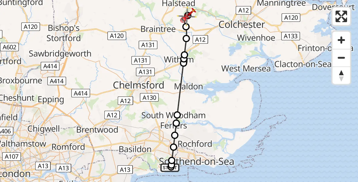 Flight route Air Ambulance Helicopter Canvey Island - Earls Colne Airfield, 15 June 2026, 15:13