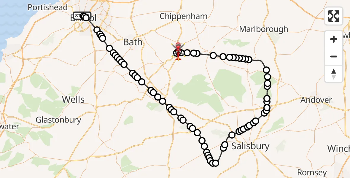 Flight route Air Ambulance Helicopter Bristol - Wiltshire Air Ambulance, 15 June 2026, 15:20