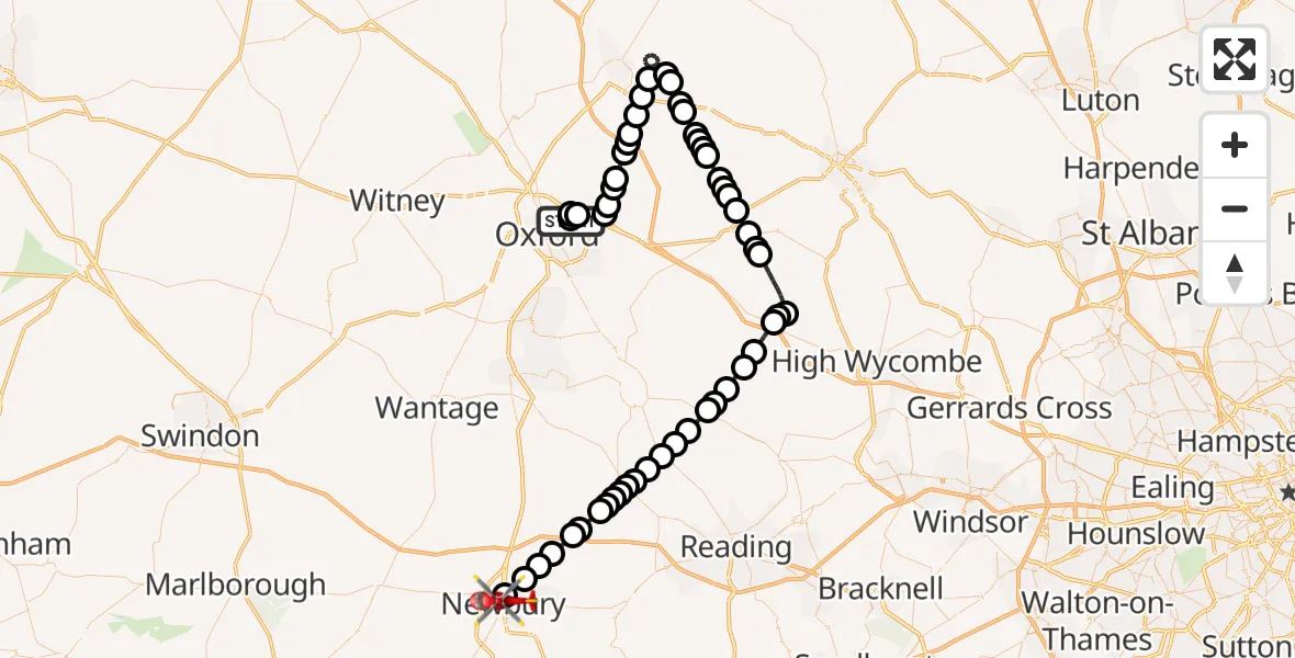 Flight route Air Ambulance Helicopter John Radcliffe Hospital - Newbury, 15 June 2026, 15:33