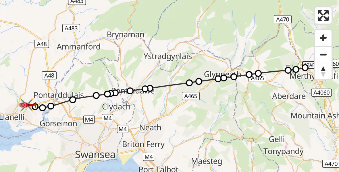 Flight route Air Ambulance Helicopter Prince Charles Hospital Helipad - Dafen, 15 June 2026, 15:33