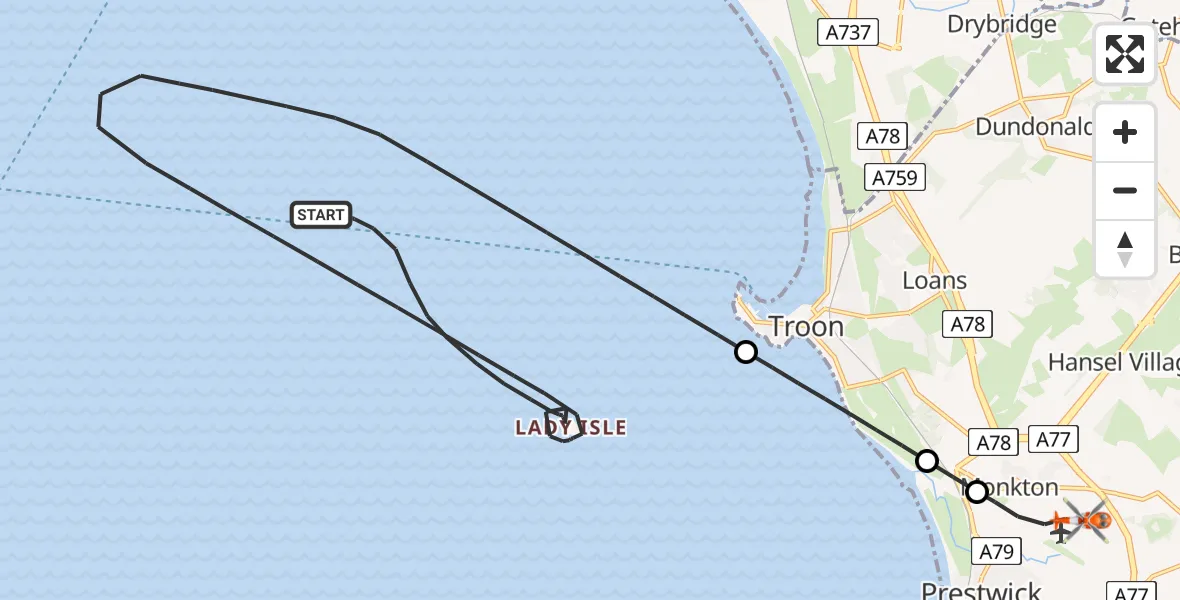 Flight route Coastguard Helicopter Inner Seas - Glasgow Prestwick Airport, 15 June 2026, 15:46