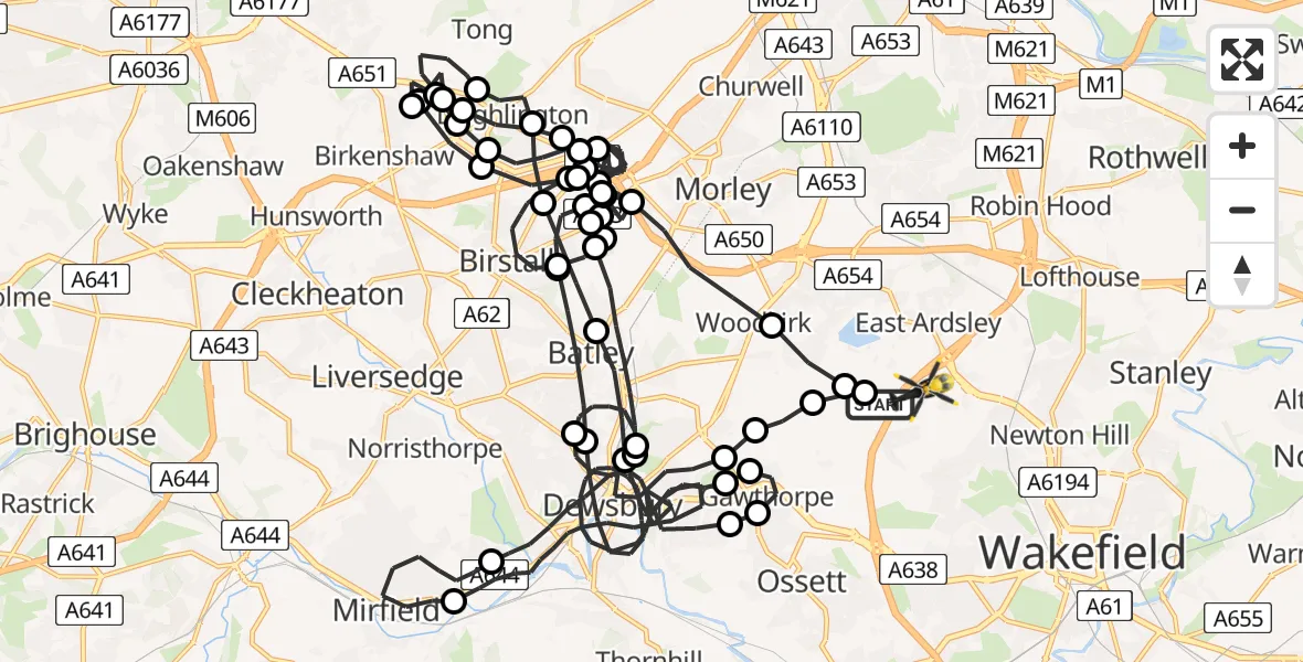 Flight route Police Helicopter East Ardsley - East Ardsley, 15 June 2026, 15:50