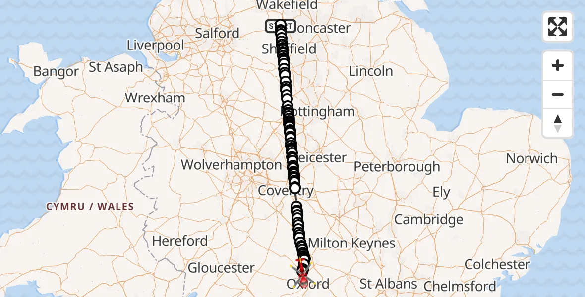 Flight route Air Ambulance Helicopter Barnsley - London Oxford Airport, 15 June 2026, 15:54