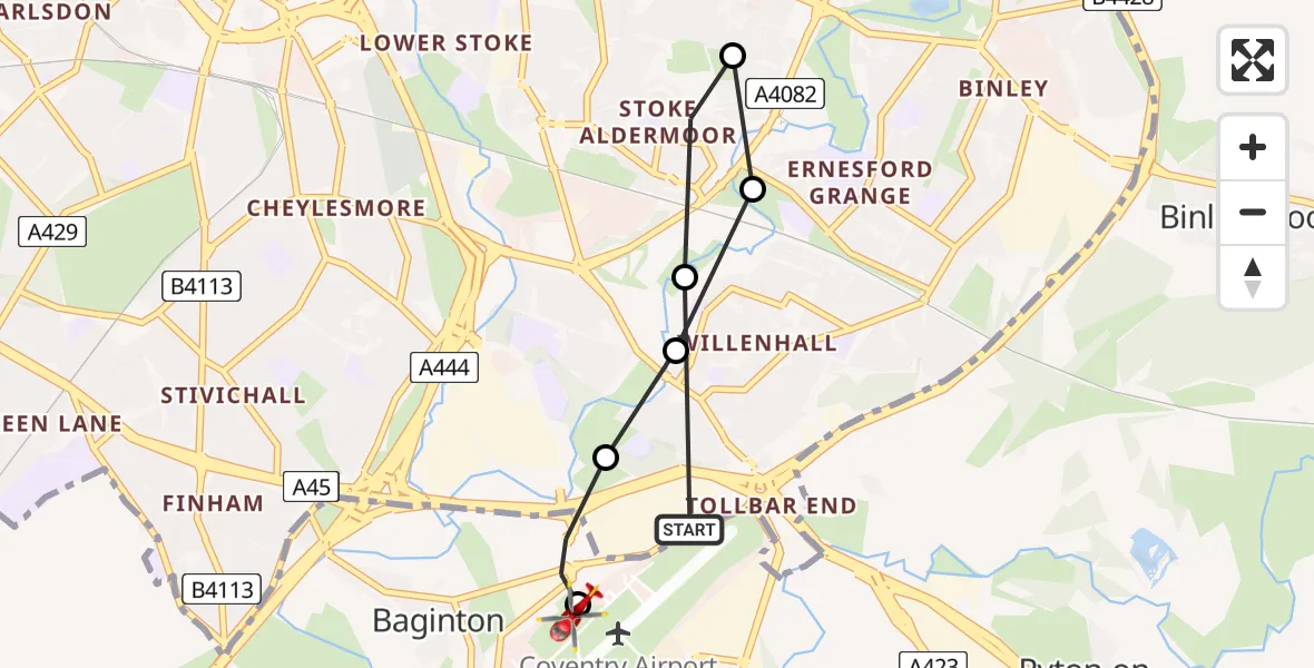 Flight route Air Ambulance Helicopter Coventry Airport - Coventry Airport, 15 June 2026, 15:55