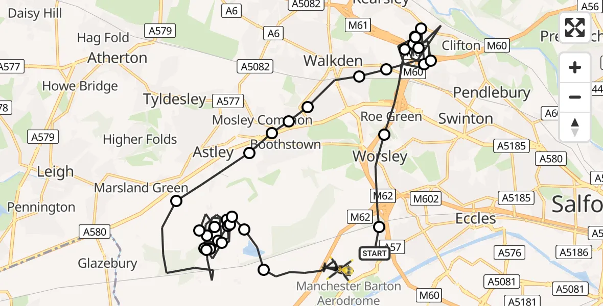 Flight route Police Helicopter Worsley - Manchester Barton Aerodrome, 15 June 2026, 15:57