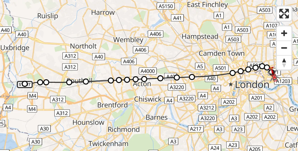 Flight route Air Ambulance Helicopter West Drayton - Royal London Hospital, 15 June 2026, 16:03