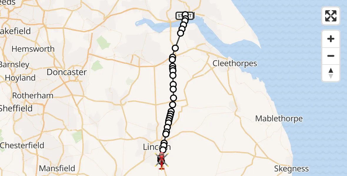 Flight route Air Ambulance Helicopter Hull Royal Infirmary - North Kesteven, 15 June 2026, 16:07
