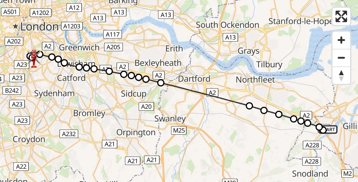 Flight route Air Ambulance Helicopter Strood - Kings College London Hospital, 15 June 2026, 16:07