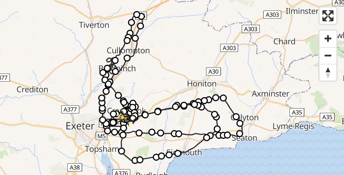 Flight route Police Helicopter Exeter International Airport - Rockbeare, 15 June 2026, 16:27