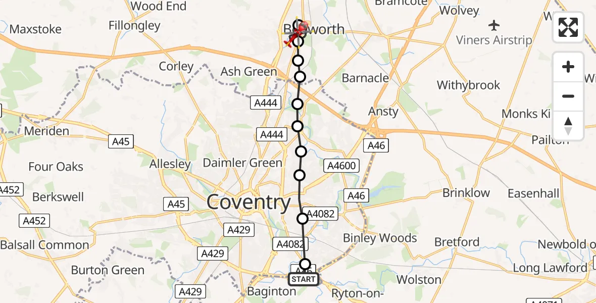 Flight route Air Ambulance Helicopter Coventry Airport - Exhall, 15 June 2026, 16:29