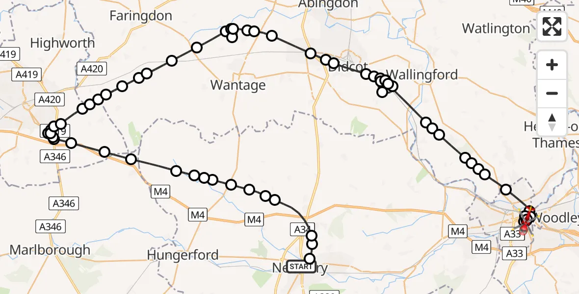 Flight route Air Ambulance Helicopter Newbury - Reading, 15 June 2026, 16:32