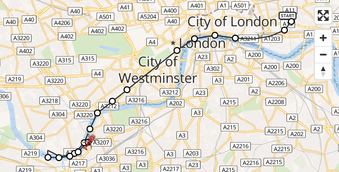 Flight route Air Ambulance Helicopter Royal London Hospital - London Heliport, 15 June 2026, 16:41