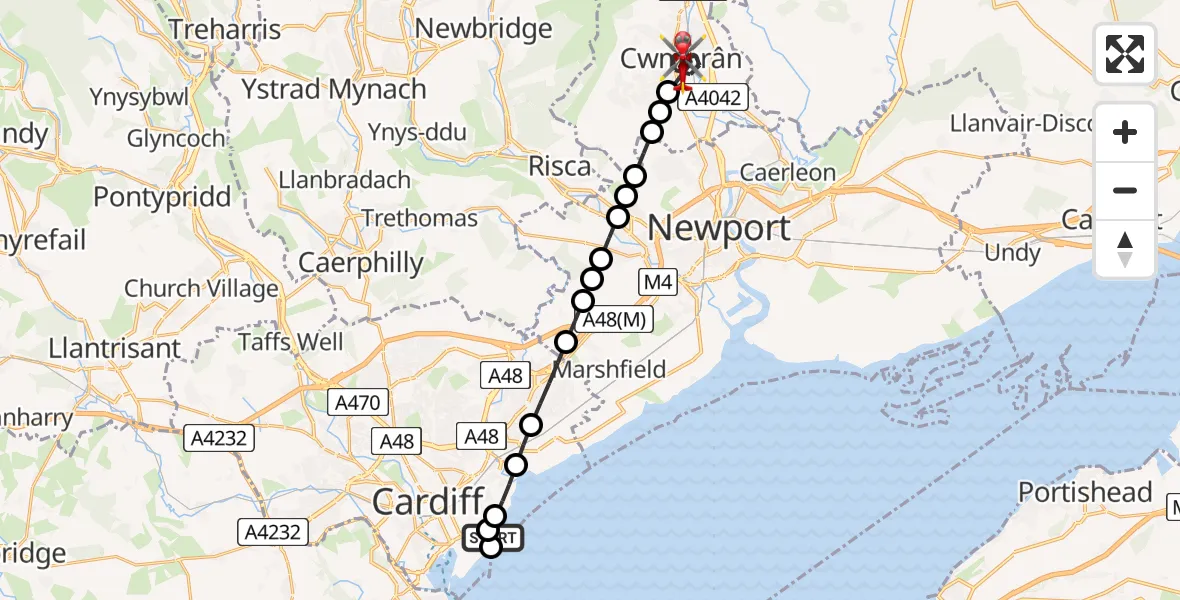 Flight route Air Ambulance Helicopter Cardiff Heliport - Cwmbrân, 15 June 2026, 16:47