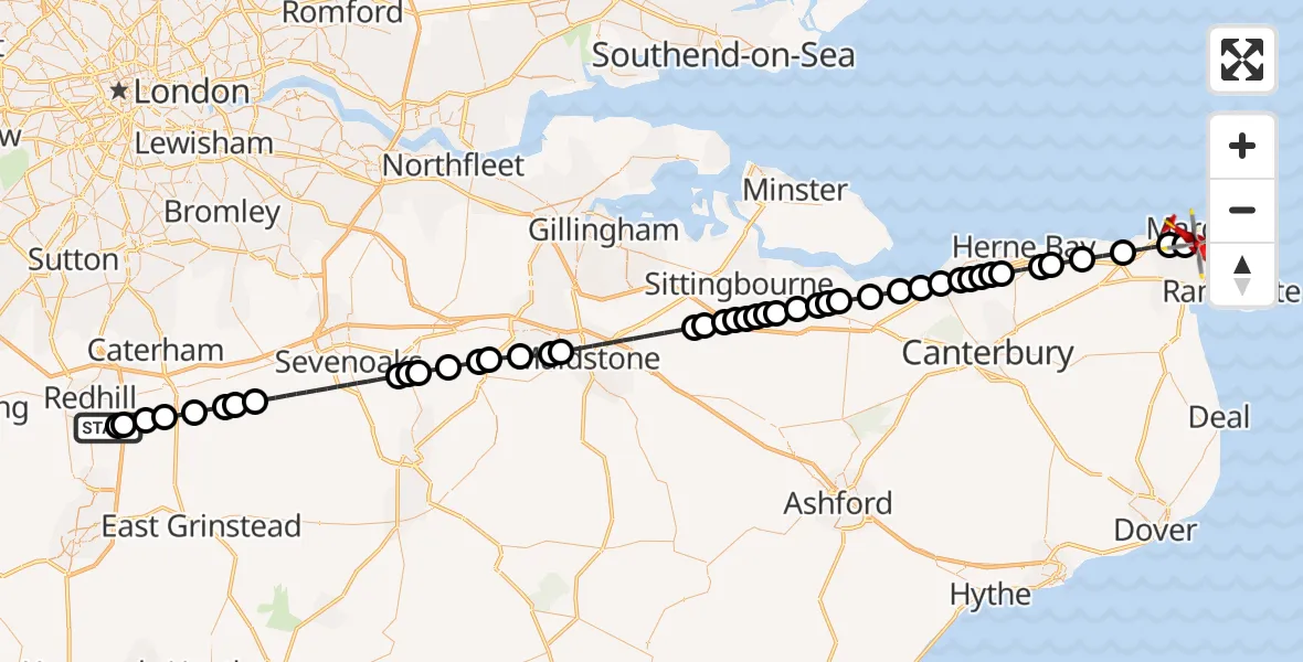 Flight route Air Ambulance Helicopter Redhill Aerodrome - Margate, 15 June 2026, 16:49