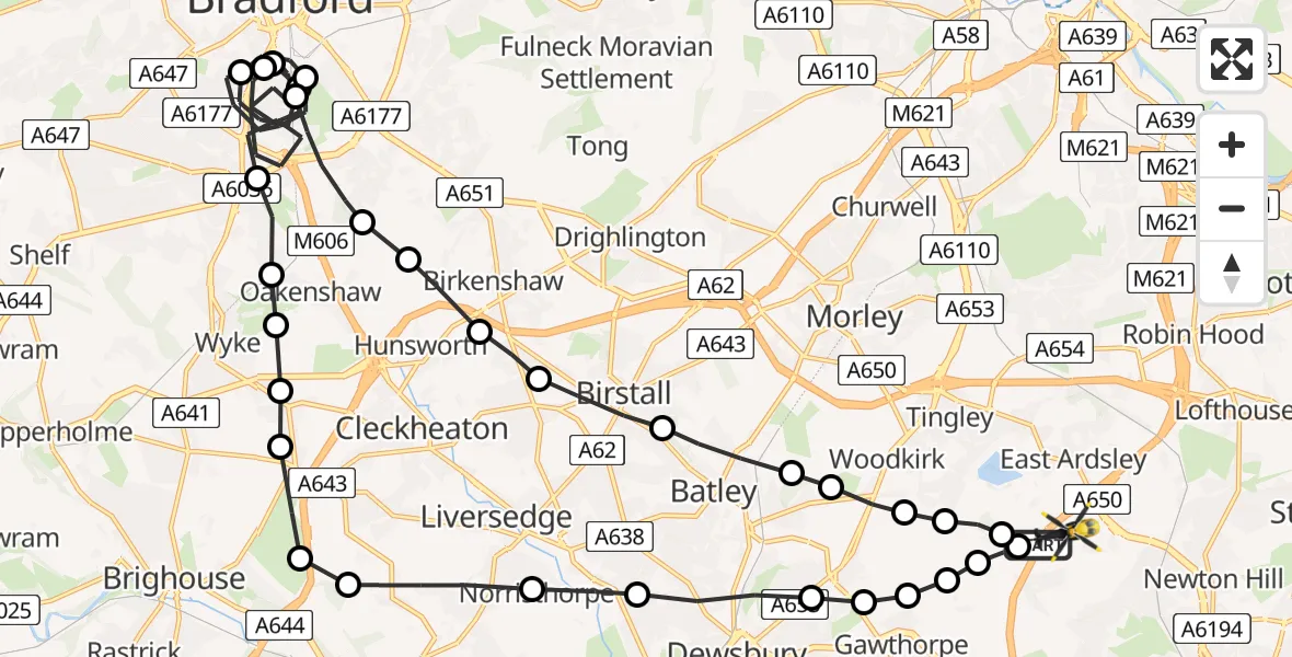 Flight route Police Helicopter East Ardsley - East Ardsley, 15 June 2026, 16:58