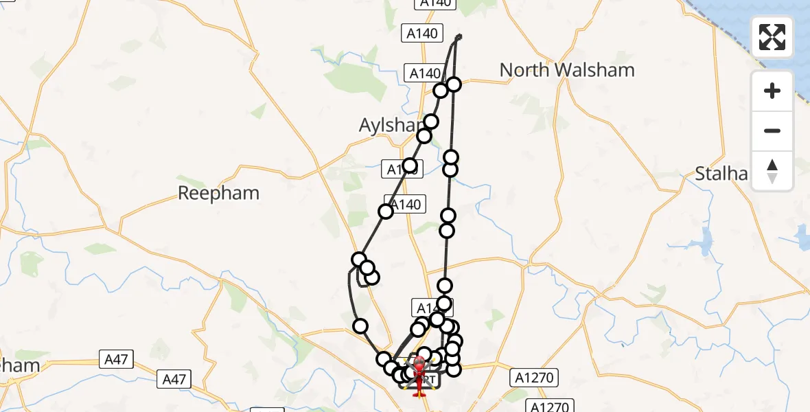 Flight route Air Ambulance Helicopter Norwich Airport - Norwich Airport, 15 June 2026, 17:00