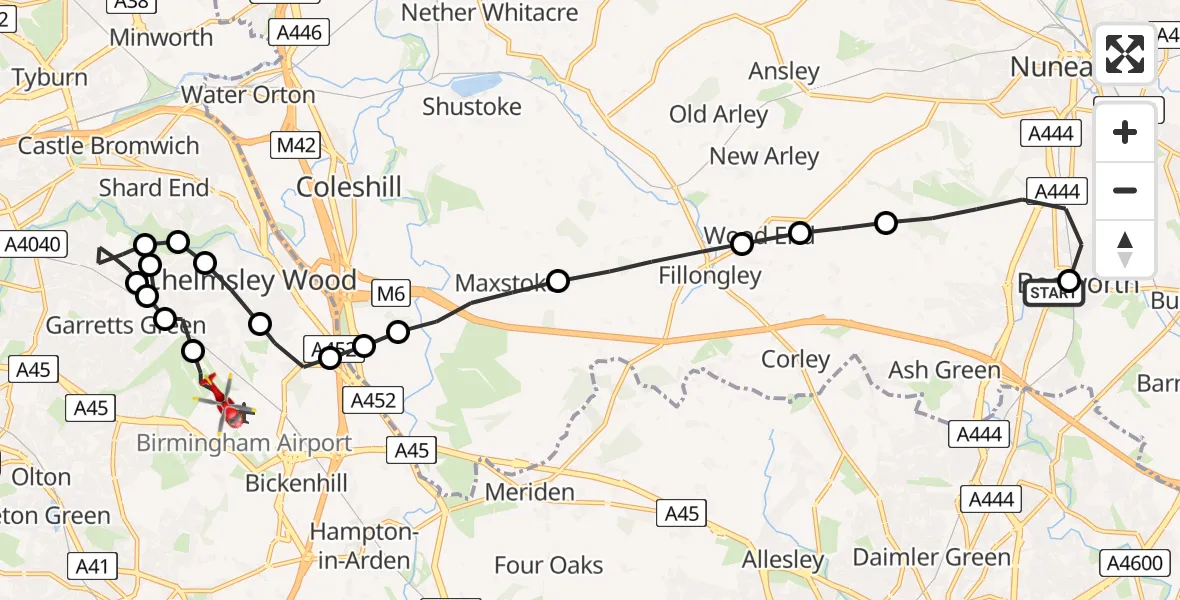 Flight route Air Ambulance Helicopter Bedworth - Birmingham Airport, 15 June 2026, 17:06