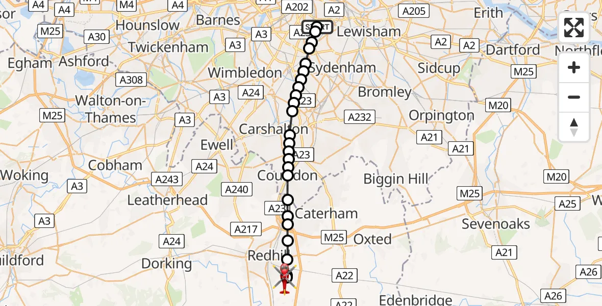 Flight route Air Ambulance Helicopter Kings College London Hospital - Redhill Aerodrome, 15 June 2026, 17:08