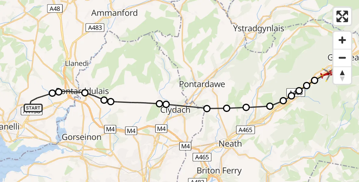 Flight route Air Ambulance Helicopter Dafen - Cwmgwrach, 15 June 2026, 17:18