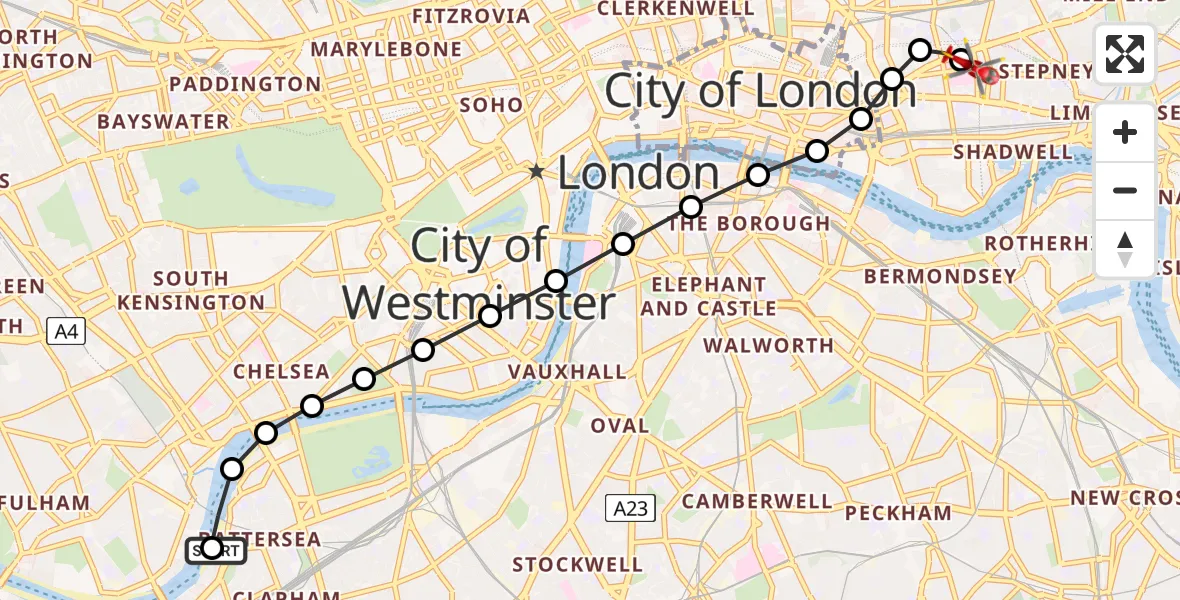 Flight route Air Ambulance Helicopter London Heliport - Royal London Hospital, 15 June 2026, 17:27