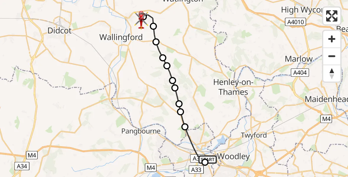 Flight route Air Ambulance Helicopter Royal Berkshire Hospital - RAF Benson, 15 June 2026, 17:39