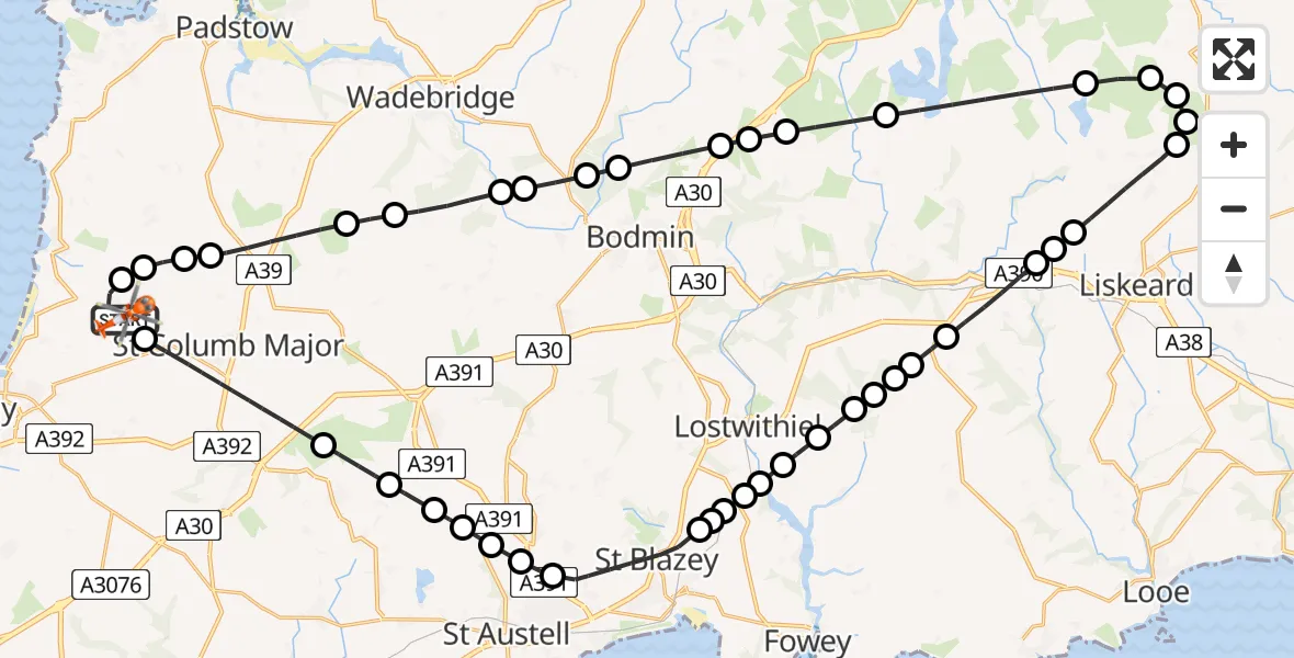 Flight route Coastguard Helicopter Cornwall Airport Newquay - Cornwall Airport Newquay, 15 June 2026, 17:45