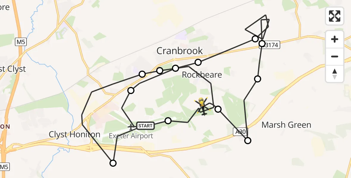 Flight route Police Helicopter Exeter International Airport - Rockbeare, 15 June 2026, 17:45