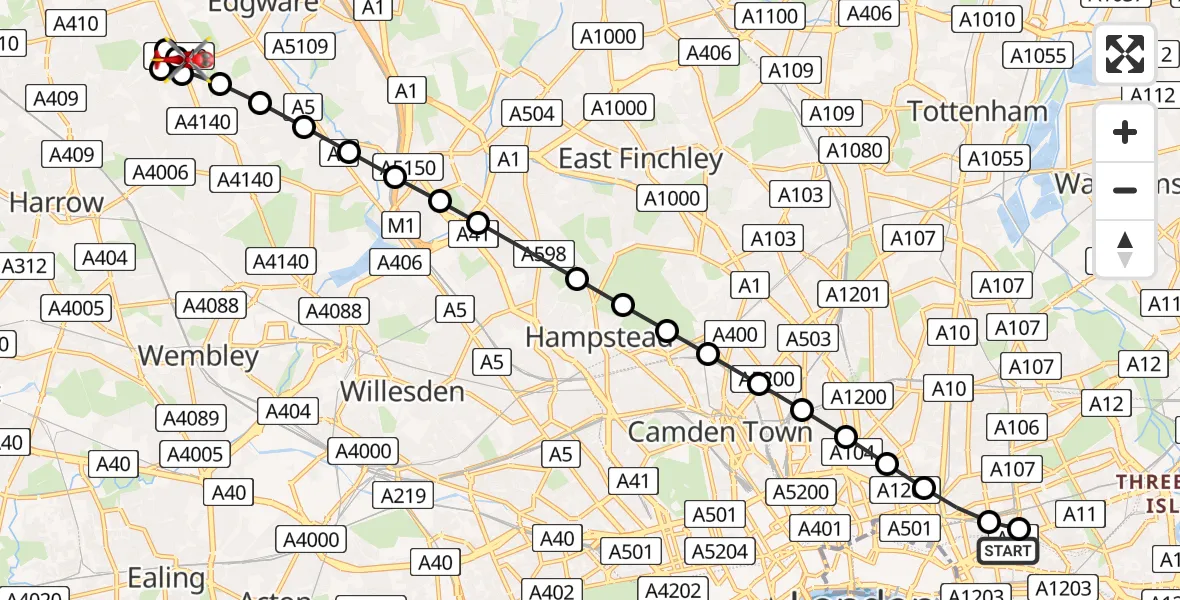 Flight route Air Ambulance Helicopter Royal London Hospital - Belmont, 15 June 2026, 17:48