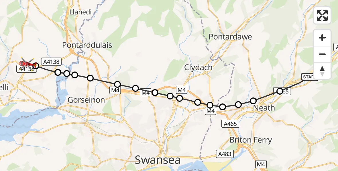 Flight route Air Ambulance Helicopter Tonna - Dafen, 15 June 2026, 17:53