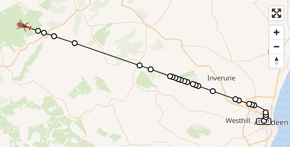 Flight route Air Ambulance Helicopter Aberdeen Royal Infirmary Helistrip - Moray, 15 June 2026, 18:01
