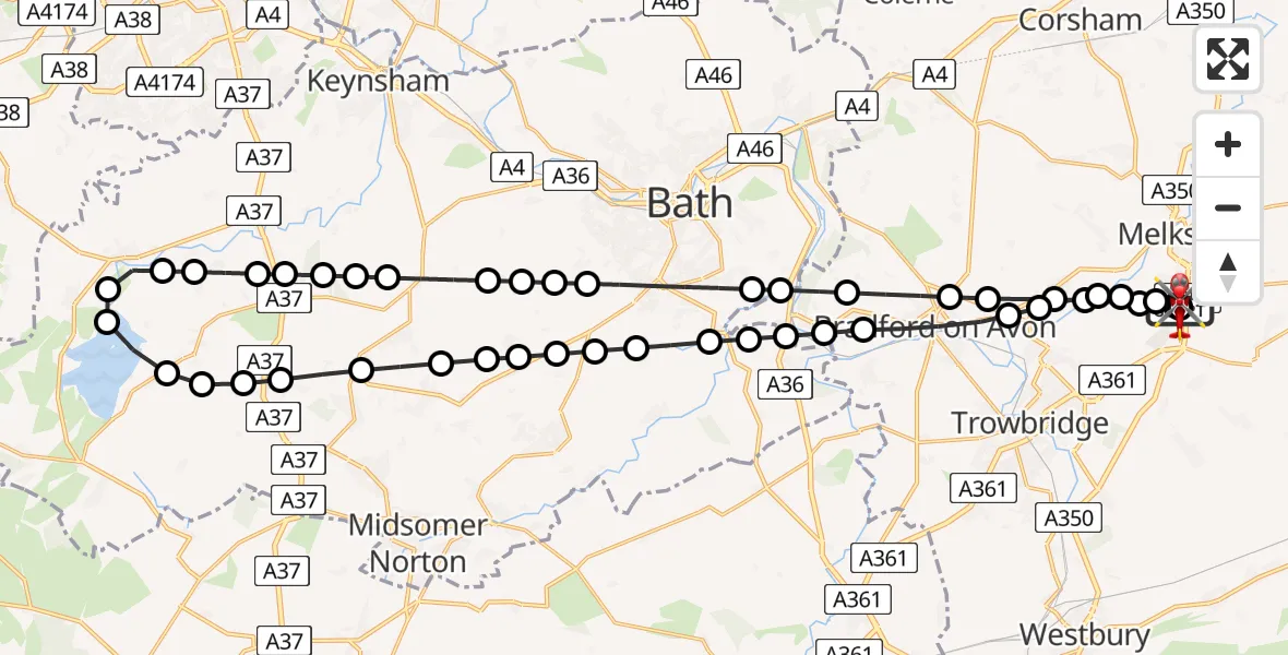 Flight route Air Ambulance Helicopter Wiltshire Air Ambulance - Wiltshire Air Ambulance, 15 June 2026, 18:25