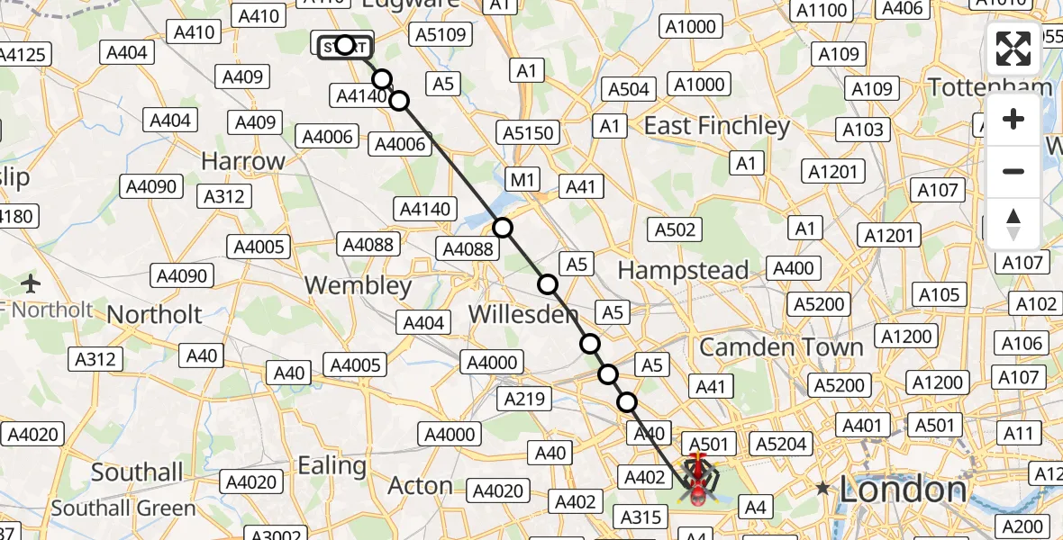 Flight route Air Ambulance Helicopter Stanmore - City of Westminster, 15 June 2026, 18:29
