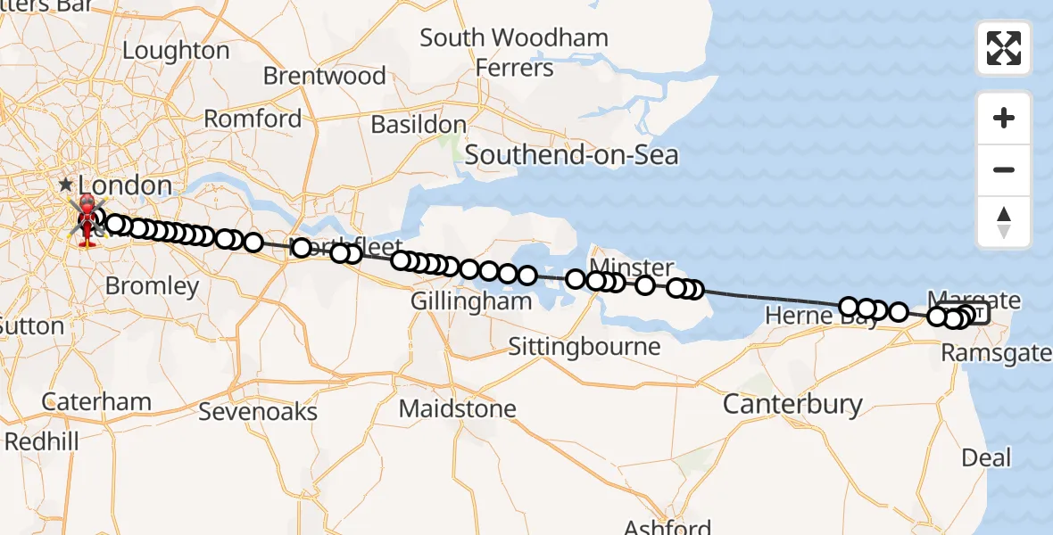 Flight route Air Ambulance Helicopter Margate - Kings College London Hospital, 15 June 2026, 18:31