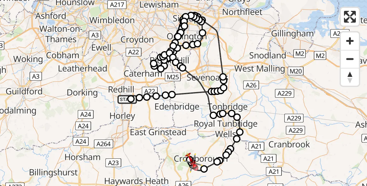 Flight route Air Ambulance Helicopter Redhill Aerodrome - Wealden, 15 June 2026, 18:34