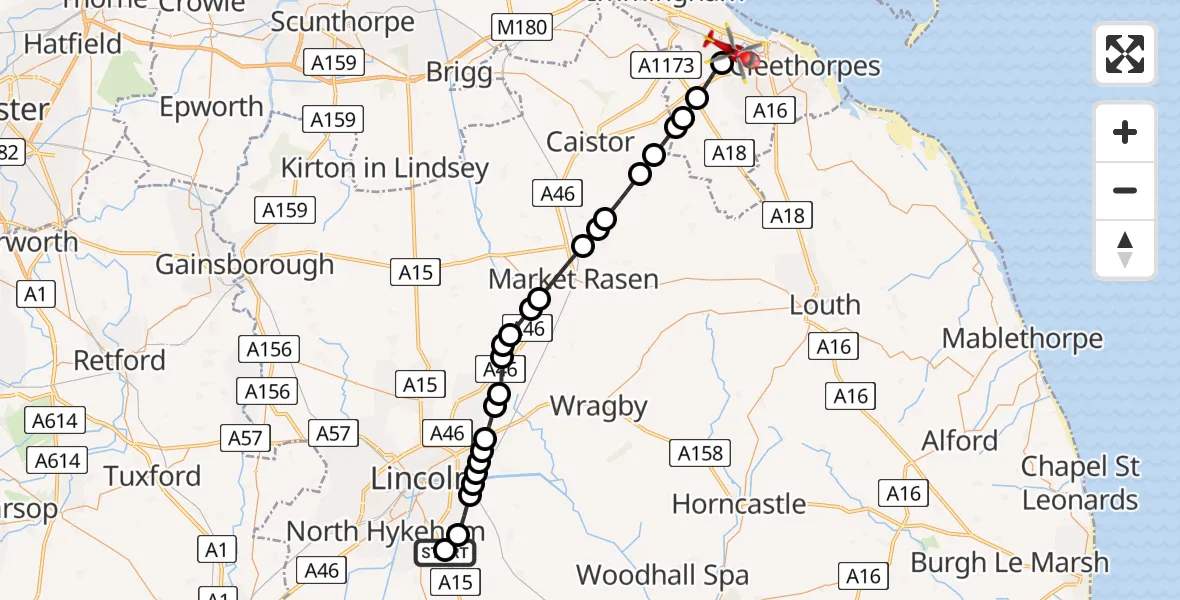 Flight route Air Ambulance Helicopter RAF Waddington - Grimsby, 15 June 2026, 18:36