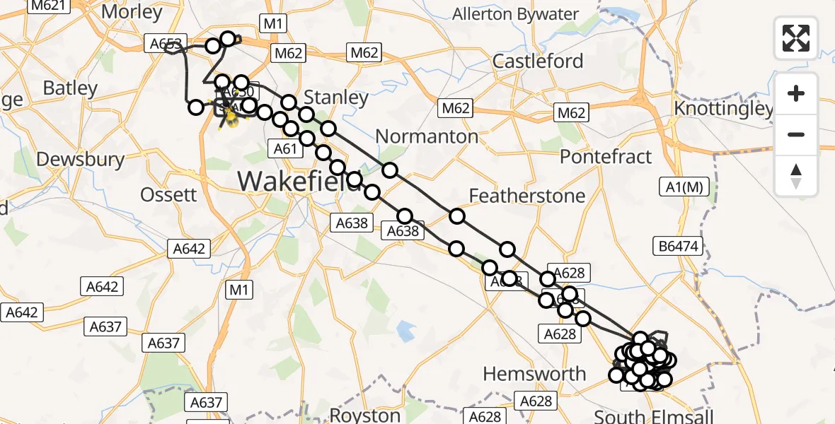 Flight route Police Helicopter East Ardsley - East Ardsley, 15 June 2026, 18:38