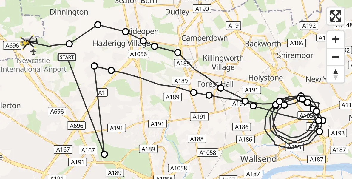 Flight route Police Helicopter Newcastle International Airport - Newcastle International Airport, 15 June 2026, 18:44
