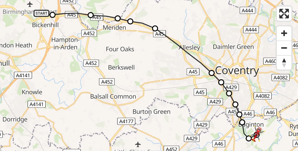 Flight route Air Ambulance Helicopter Birmingham Airport - Coventry Airport, 15 June 2026, 18:46