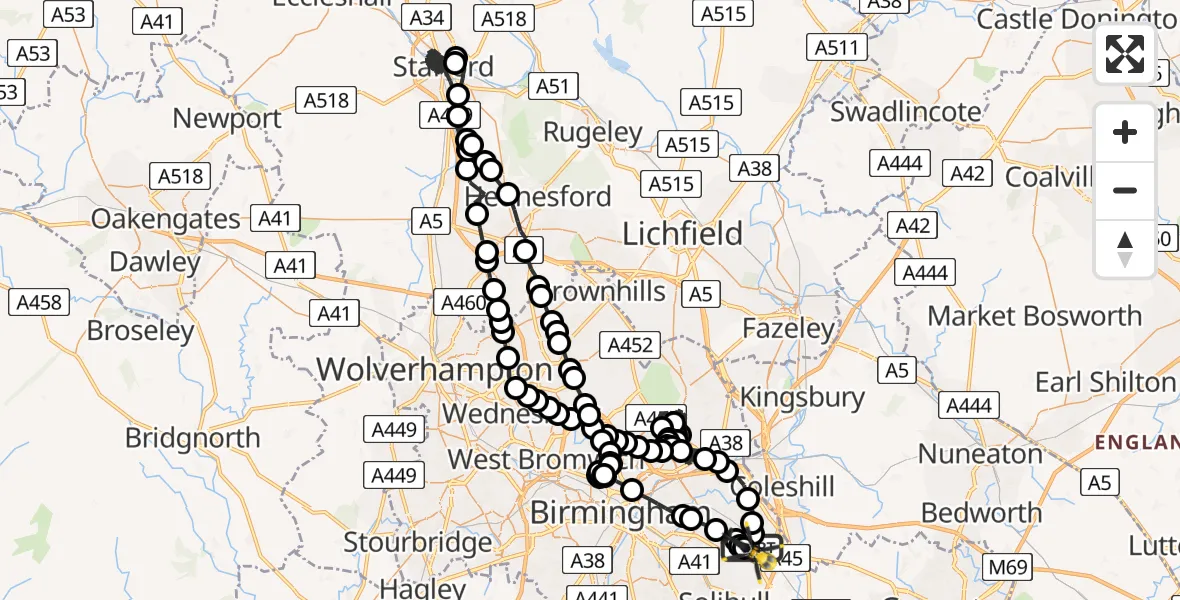 Flight route Police Helicopter Birmingham Airport - Birmingham Airport, 15 June 2026, 18:59