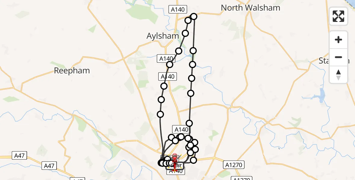 Flight route Air Ambulance Helicopter Norwich Airport - Norwich Airport, 15 June 2026, 19:03