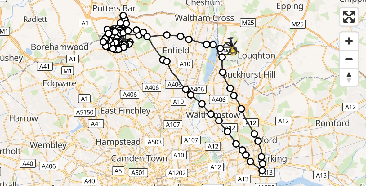 Flight route Police Helicopter Chingford - Sewardstonebury, 15 June 2026, 19:11