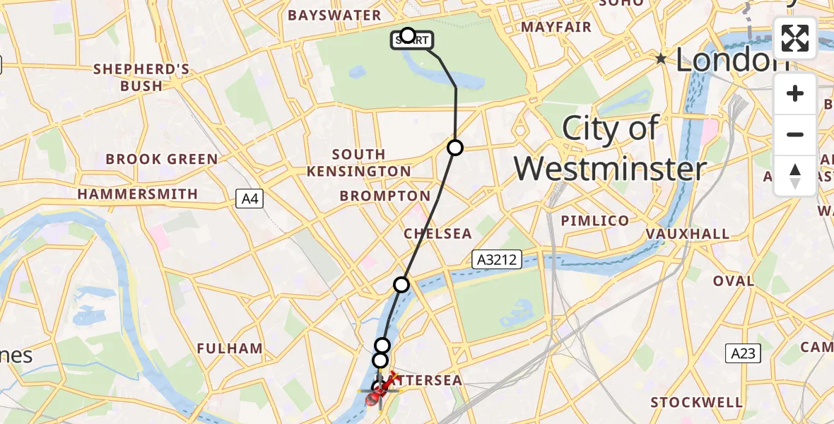 Flight route Air Ambulance Helicopter City of Westminster - London Heliport, 15 June 2026, 19:12