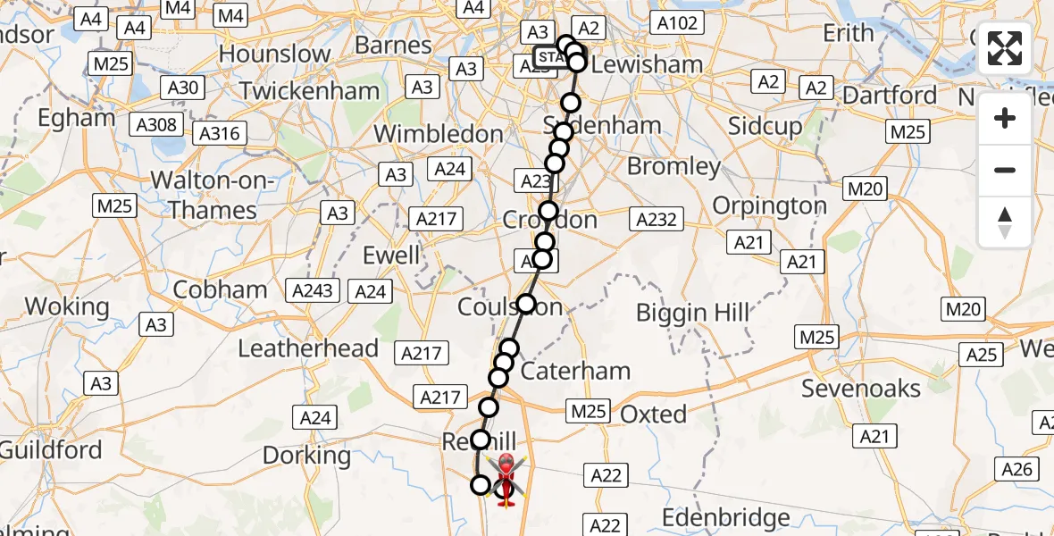Flight route Air Ambulance Helicopter Kings College London Hospital - Redhill Aerodrome, 15 June 2026, 19:19